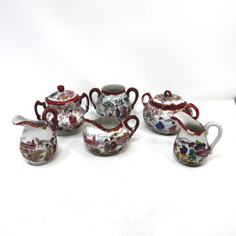 Vintage Japanese Geisha Girl Porcelain Creamer Sugar Bowl Mismatched Lot 6pc